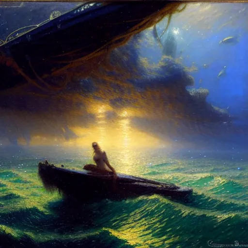 Image similar to point of view of deep in the ocean looking up, you see fishes, the milk way, night time, midnight, no sunlight. highly detailed painting by gaston bussiere, greg rutkowski 8 k