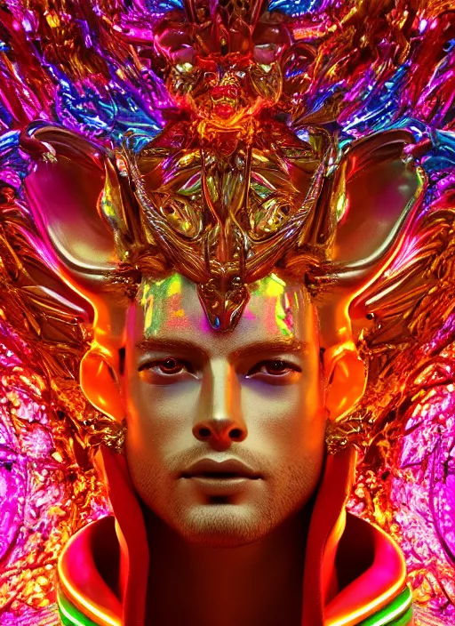 Prompt: photo of baroque and bladerunner delicate neon ruby sculpture of seductive albino king william levy tigers orange iridescent humanoid deity wearing metallic hoody made out of leaves holding the sun prismatic dungeon, glowing rainbow face, crown of white diamonds, cinematic lighting, photorealistic, octane render 8 k depth of field 3 d