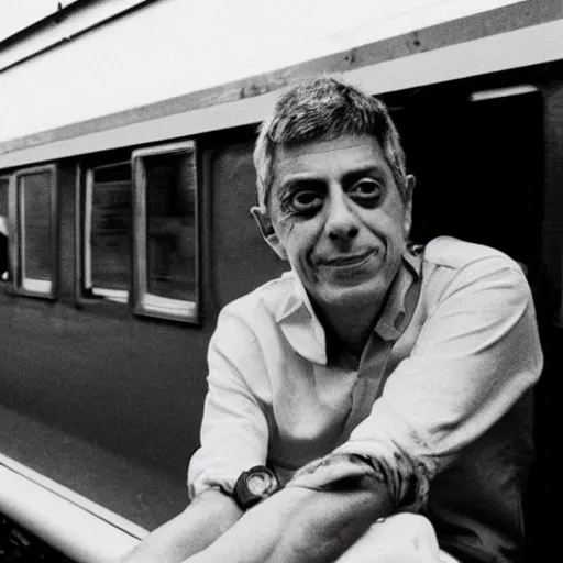 Image similar to Chico Buarque inside a train holding a banana, realistic picture, detaild, album cover 1986, amazing background