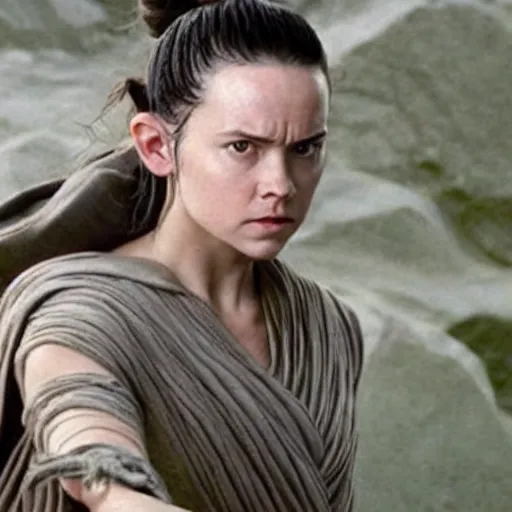 Image similar to Rey from Star Wars twenty years older as a Jedi Master