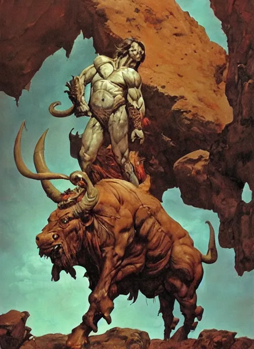 Image similar to full body portrait of a huge, miserable minotaur sitting in a cave, by boris vallejo and jesper ejsing and simon bisley and greg manchess and zdzislaw beksinski and norman rockwell