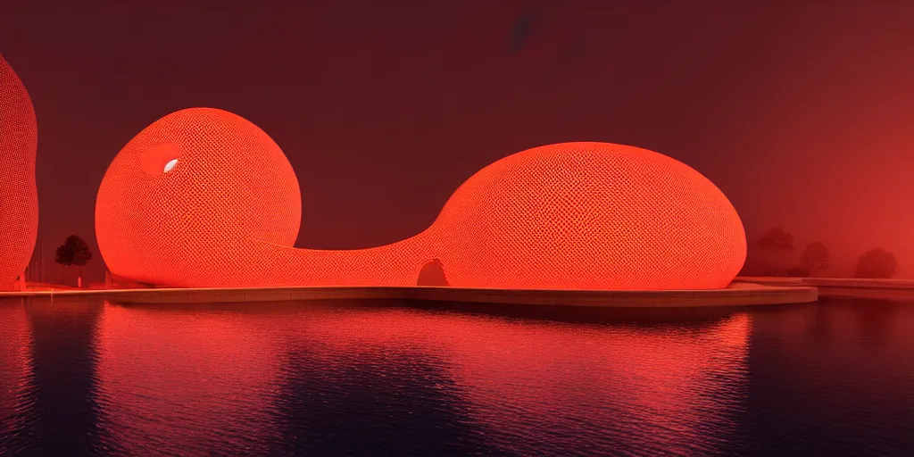 Image similar to An epic architectural rendering of a blob shaped trypophobia house with a mysterious red glow emitting from inside in a modern cityscape next to a river, stunning, gorgeous, golden ratio, photorealistic, featured on artstation, 4k resolution