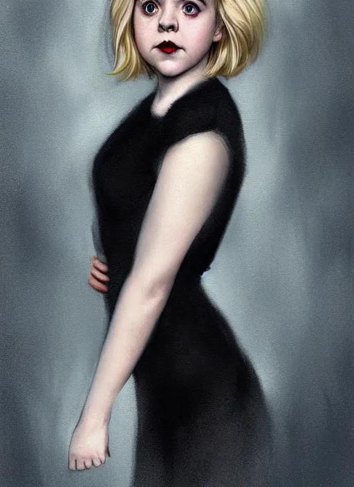 Image similar to full body portrait, kiernan shipka as sabrina spellman, white hair, obese, bangs, sultry, realistic, sultry smirk, fluffy bangs, curly bangs, fat, belly, intricate, elegant, highly detailed, digital painting, artstation, concept art, smooth, sharp focus, illustration, art by wlop, mars ravelo and greg rutkowski