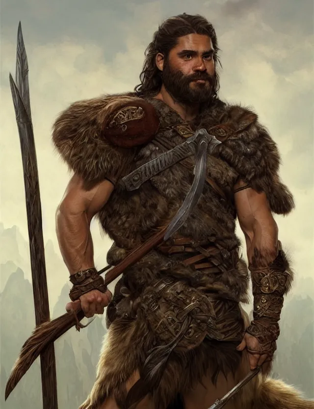 Image similar to full body portrait of a gruff ranger with a spear, wolf pelt on his head, muscular, handsome face, hairy body, D&D, fantasy, intricate, elegant, highly detailed, digital painting, artstation, concept art, matte, sharp focus, illustration, art by Artgerm and Greg Rutkowski and Alphonse Mucha