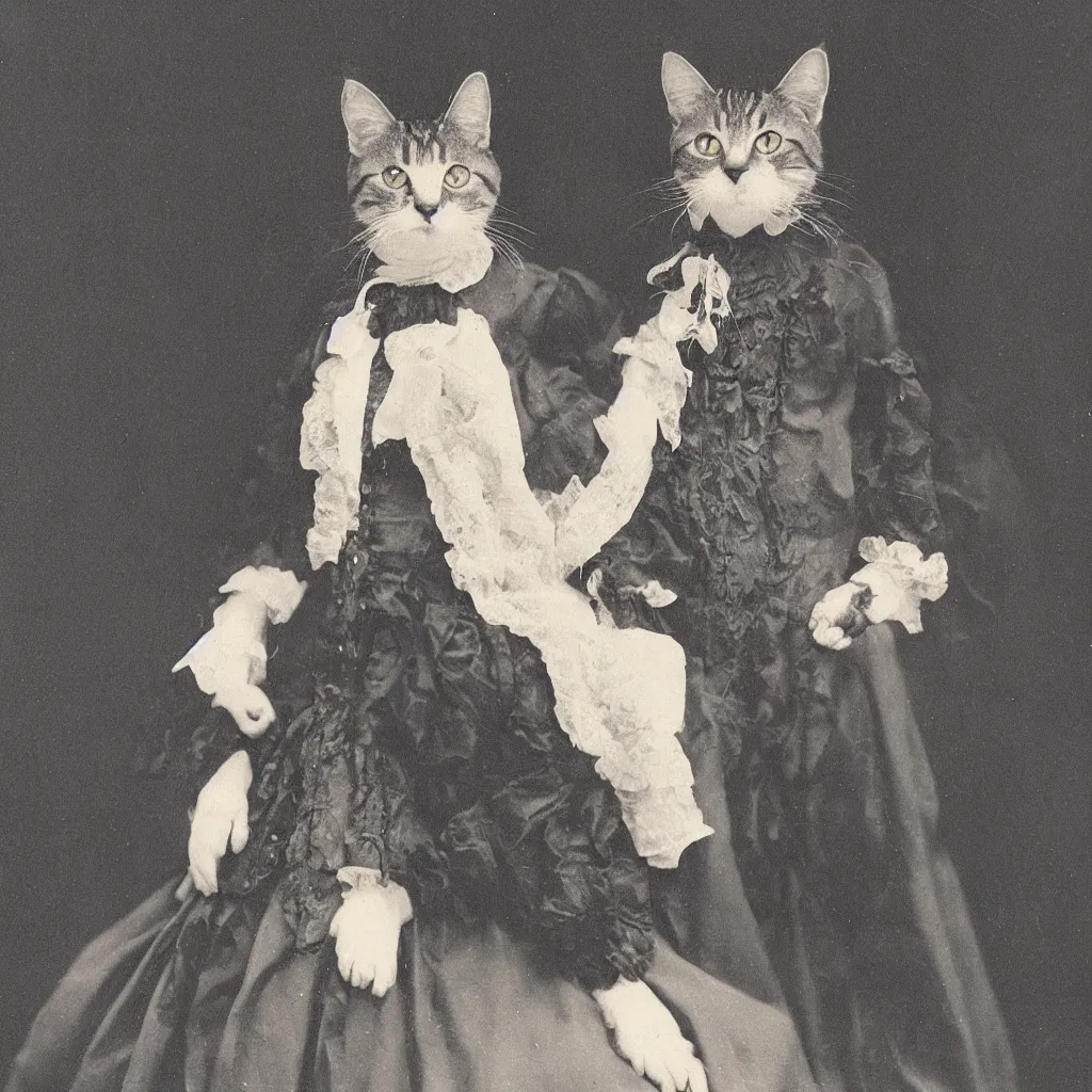 Image similar to a male cat dressed in a victorian era dress