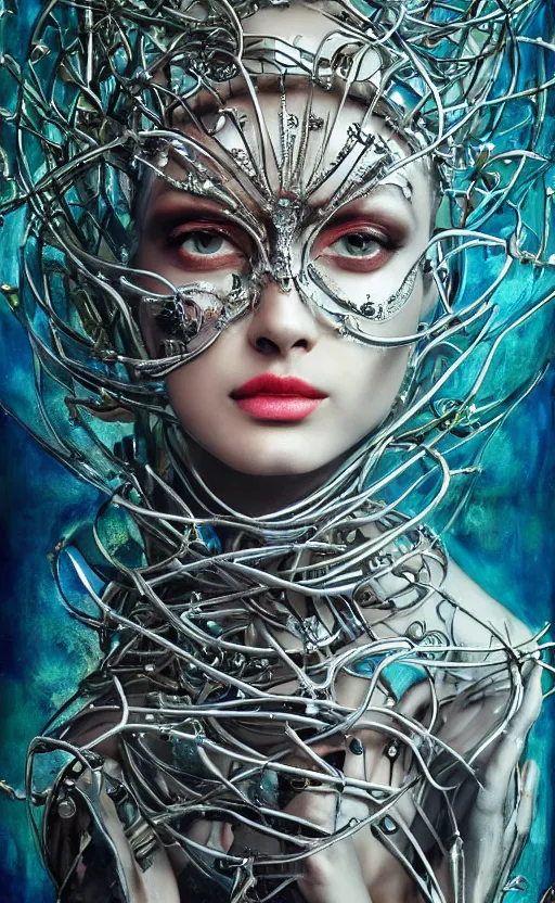 Prompt: the glass cyborg queen, elegant, striking glowing eyes, fashion, silver face paint, vogue poses, striking composition, highly detailed ornate sci fi background, vivid details, amalgamation of nature and technology, wires, glowing tubes, beautiful composition, painting in the style of sandro botticelli, caravaggio, albrecth durer, 8k