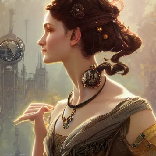 Image similar to photograpic portrait of a pretty woman, steampunk, fantasy, intricate, elegant, highly detailed, digital painting, artstation, concept art, smooth, sharp focus, illustration, art by artgerm and greg rutkowski and alphonse mucha