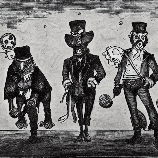 Image similar to black and white vintage drawing of a ragtag team of three dogs dressed as mischievous thieves in a dark steampunk setting