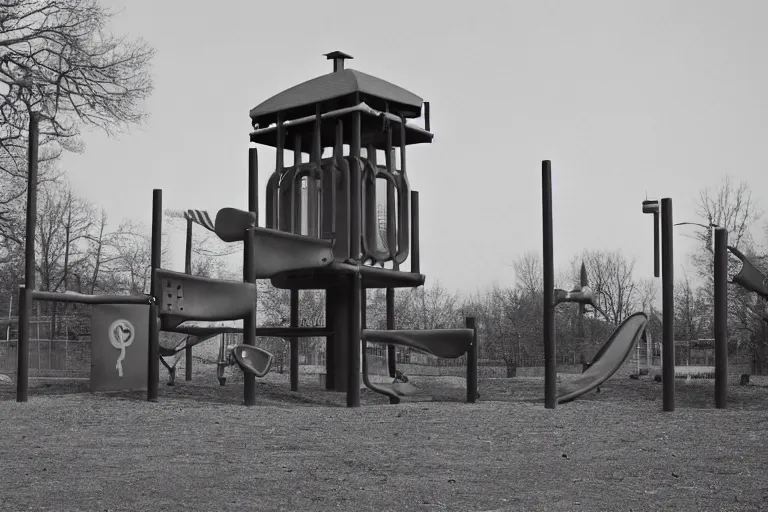 Prompt: dystopian authoritarian playground guards station around the area