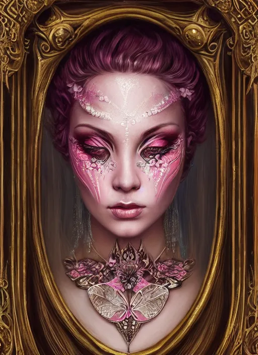 Prompt: portrait of pink fairy, symmetric, facepaint facepaint facepaint, intricate jewelry, trending on artstation 4 k, high quality, in the style of karol bak and tom bagshaw, tattoos
