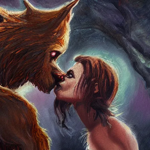 Image similar to oil painting of a werewolf kissing another werewolf, detailed, 4k, fantasy