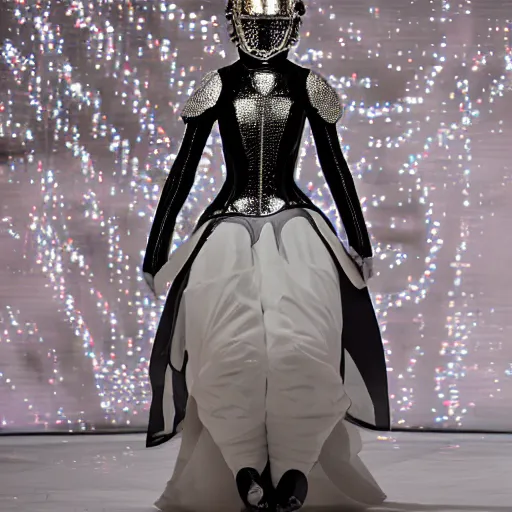 Image similar to hybrid model astronaut walking down a catwalk, elaborate dress by alexander mcqueen, stage lighting, sigma 8 5 mm f 1 6, art by studio clamp, real