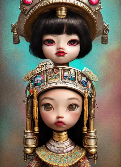 Image similar to closeup portrait of tin toy cleopatra bikin girl trap, depth of field, zeiss lens, detailed, symmetrical, centered, fashion photoshoot, by nicoletta ceccoli, mark ryden, lostfish, breathtaking, 8 k resolution, extremely detailed, beautiful, establishing shot, artistic, hyperrealistic, octane render