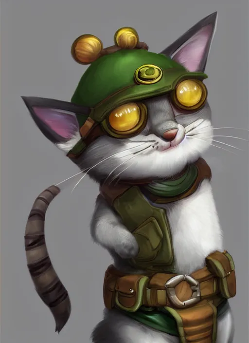 Image similar to grey american shorthair cat as teemo from league of legends, digital painting, artwork by ross tran + ramond swanland