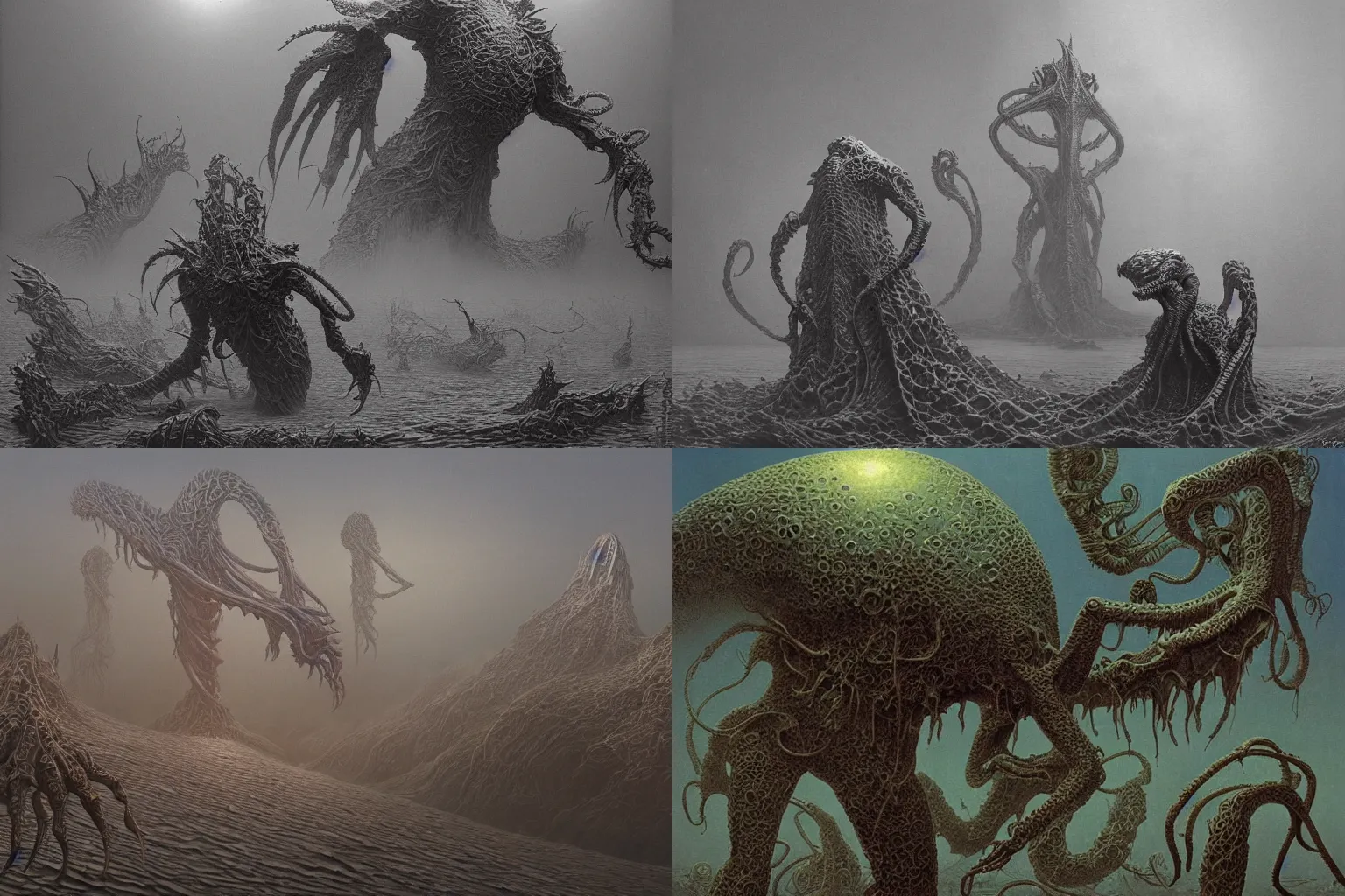 Prompt: concept art of a hi-tech synthetic RNA bioweapon, cthulhu, demonic monster, new world order scheme in style of Zdzislaw Beksinski and Jean Giraud by moebius, very detailed, atmospheric, detailed lines, wide angle shot, 4k