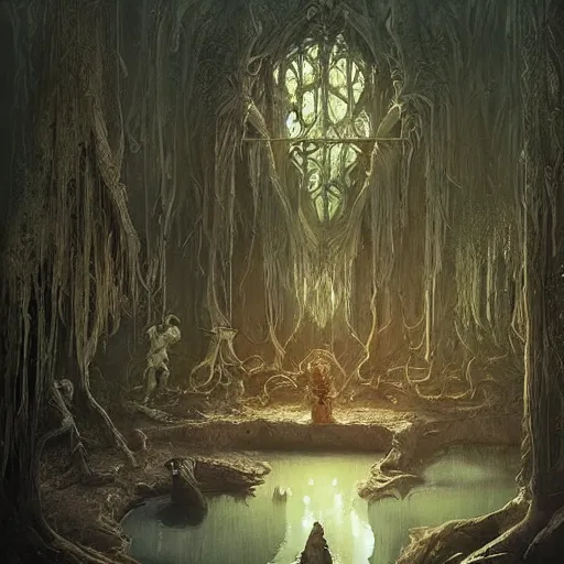 Image similar to “a magic school built inside of a haunted swamp, creepy fantasy ambience, D&D, fantasy, intricate, cinematic lighting, highly detailed, digital painting, artstation, concept art, smooth, sharp focus, illustration, art by Artgerm and Greg Rutkowski and Alphonse Mucha”