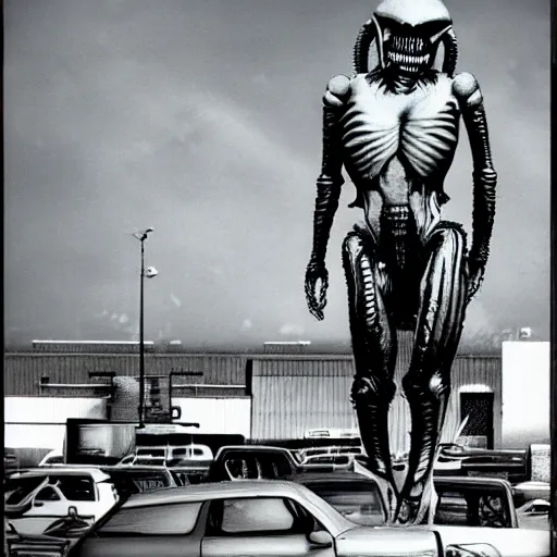 Image similar to a giant hr giger xenomorph alien queen standing on a busy walmart parking space in broad daylight. there are smashed cars