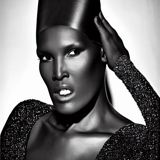 Prompt: head and shoulders portrait of a female knight, grace jones, photography by mark mann, hq