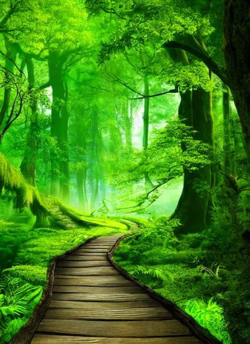 Image similar to a wooden path in the middle of a lush green forest, a detailed matte painting by john eyre, shutterstock contest winner, magical realism, enchanting, matte painting, mystical