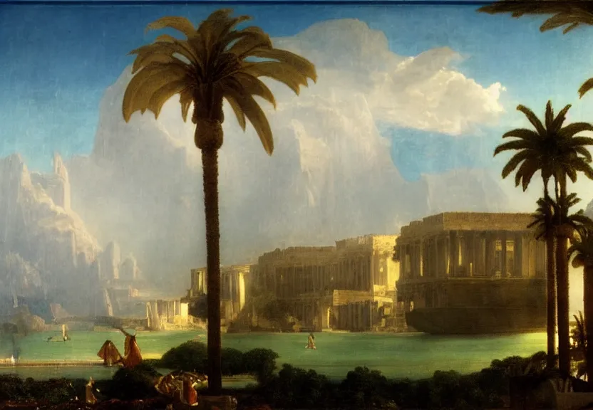 Image similar to Palace floating in the sky, 1km tall, thunderstorm, greek pool, beach and palm trees on the background major arcana sky, by paul delaroche, hyperrealistic 4k uhd, award-winning very detailed