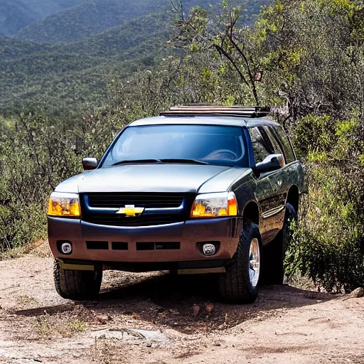 Prompt: a 2 0 0 3 chevy tahoe, parked at the top of a mountain in mexico, photography