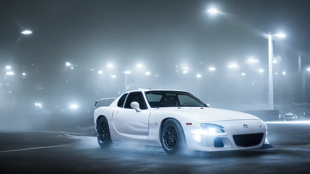 Image similar to mazda rx 7 fc with pop up headlights, cinematic, long exposure, white balance, 8 k, led, lumen global illumination, fog, ray tracing reflections