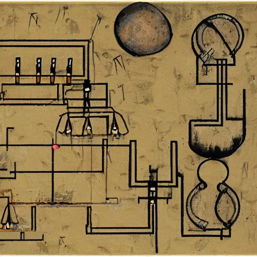 Prompt: a schematics of a modular synthesizer, cave painting, musical,