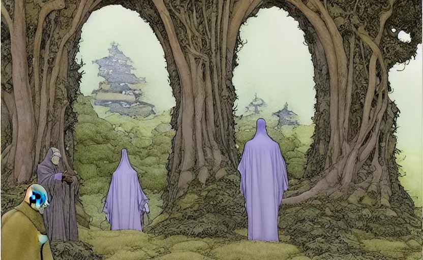 Image similar to a hyperrealist watercolour concept art of a dimensional time portal in the shape of an arch of trees. a medieval monk in grey robes is in the foreground. by rebecca guay, michael kaluta, charles vess and jean moebius giraud. high detail, hq, wide shot, 4 k