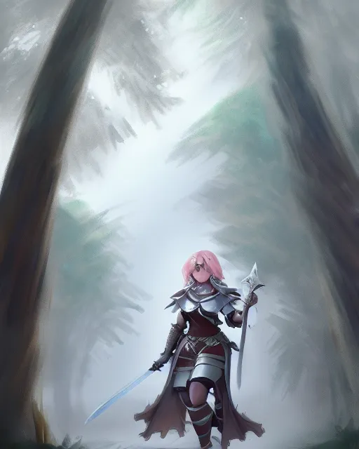 Image similar to concept art of a thicc knight girl, wearing heavy medival knight armor, holding a long sword, walking through a foggy oak forest | | epic - fine - clean, polished, trending on artstation, brush strokes