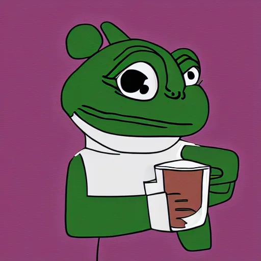 Image similar to Pepe drinking a coffee and closing his eyes, digital art