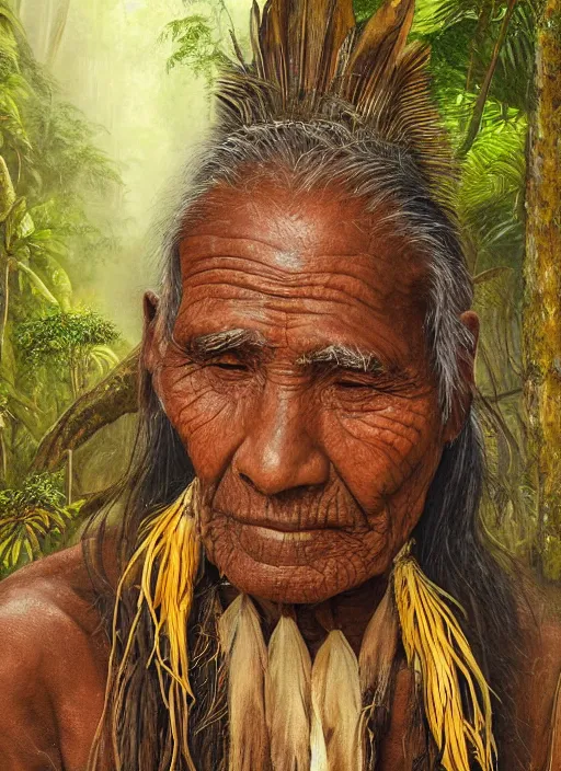 Prompt: a beautiful painting of a very old indigenous grand-father in the amazon jungle, matte painting, fantasy art, ayahuasca, highly detailed