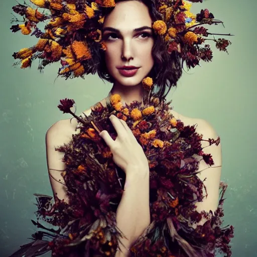 Image similar to fine art photo of the beauty gal gadot, she has a crown and a dress made of dried flowers done by oleg oprisco