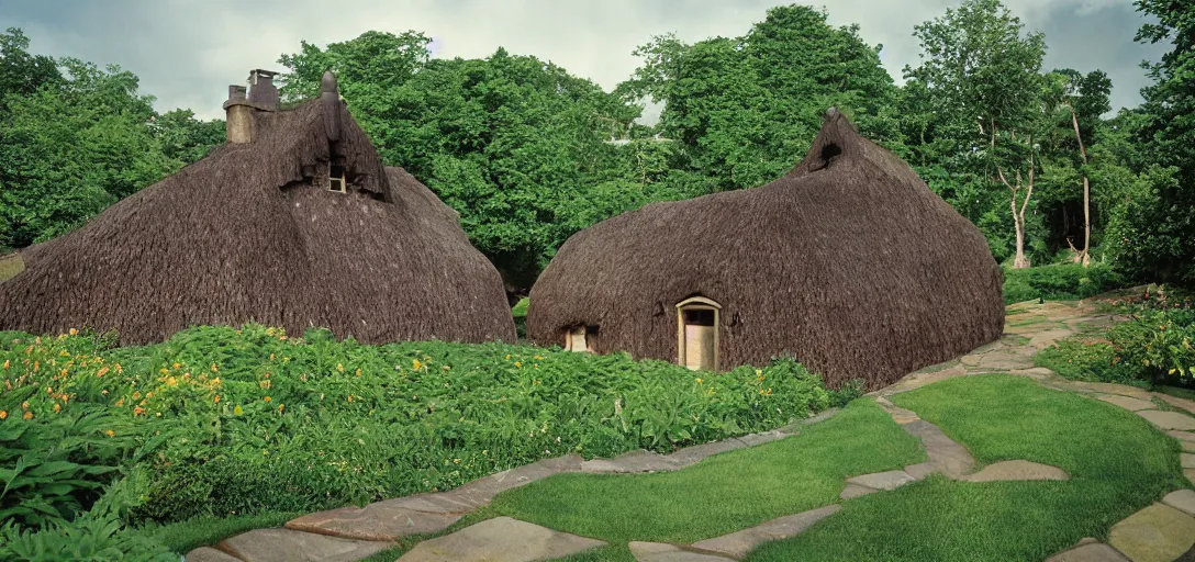 Image similar to scottish blackhouse designed by daniel burnham. outdoor landscaping designed by roberto burle marx. fujinon premista 1 9 - 4 5 mm t 2. 9. portra 8 0 0.