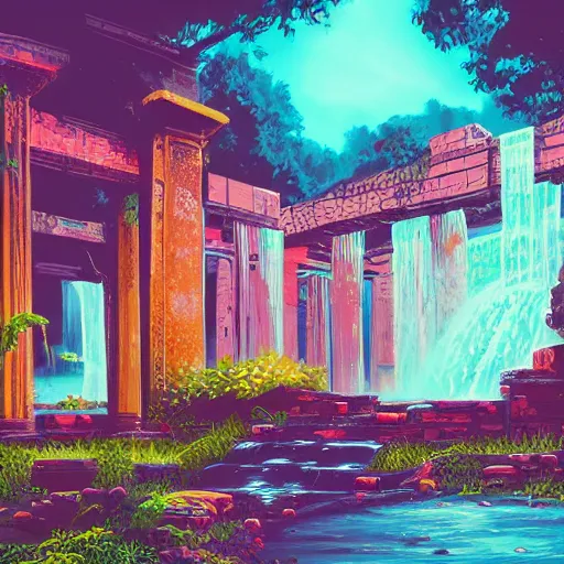 Image similar to neon ancient ruins with waterfalls,digital art,retrowave art,trending on art station