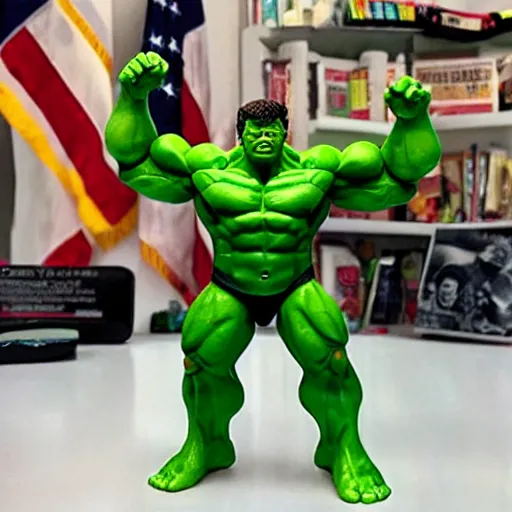 Prompt: donald trump as the hulk, action figure playset