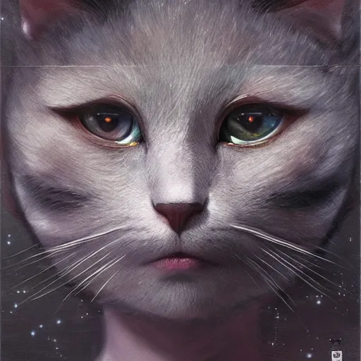 Image similar to A space realistic cat with big and cute eyes, fine-face, realistic shaded perfect face, fine details. realistic shaded lighting poster by Ilya Kuvshinov katsuhiro otomo ghost-in-the-shell, magali villeneuve, artgerm, Jeremy Lipkin and Michael Garmash, Rob Rey and Kentarõ Miura style, trending on art station