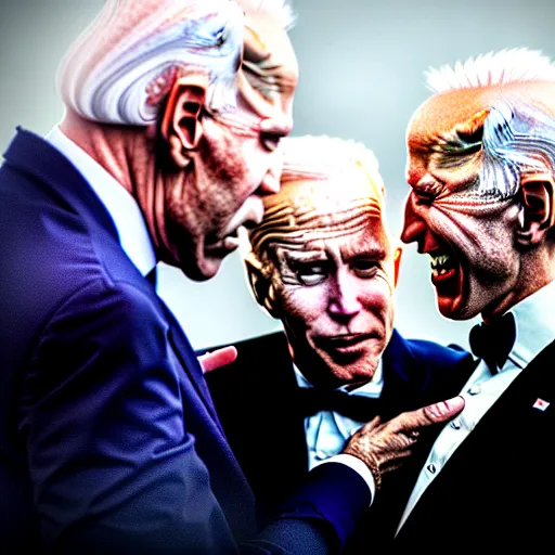 Image similar to portrait of nosferatu feeding whispering into joe biden's ear, correct faces, uhd hyperdetailed photo by annie leibowitz 5 0 mm lens