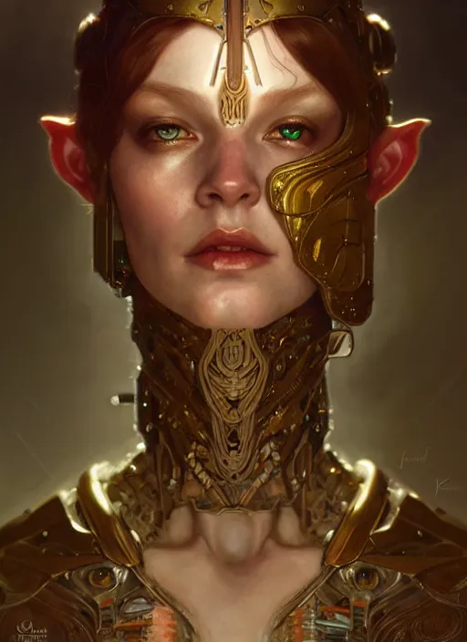 Image similar to cyborg elf, diffuse lighting, fantasy, intricate, elegant, highly detailed, lifelike, photorealistic, digital painting, artstation, illustration, concept art, smooth, sharp focus, art by John Collier and Albert Aublet and Krenz Cushart and Artem Demura and Alphonse Mucha