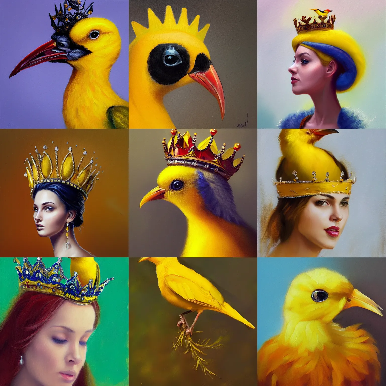 Prompt: a queen yellow bird wearing a crown, royal, artstation, very beautiful, oil painting, high quality