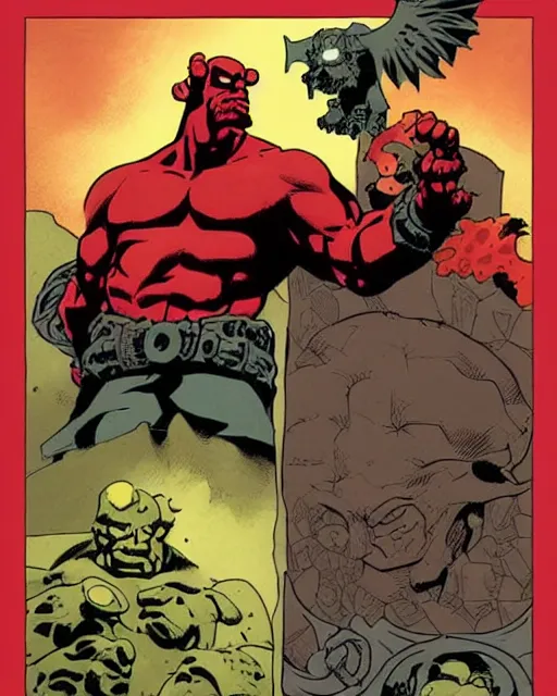 Image similar to hellboy vs diablo, facing each other, comix cover by mike mignola, graphic