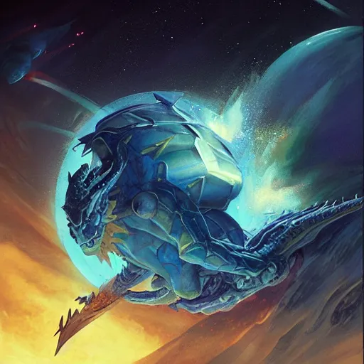 Image similar to Gigantic blue scaled dragon devouring an earth like planet while flying in space, sun system, nebula, behemoth, oil painting, by Fernanda Suarez and Edgar Maxence and Greg Rutkowski
