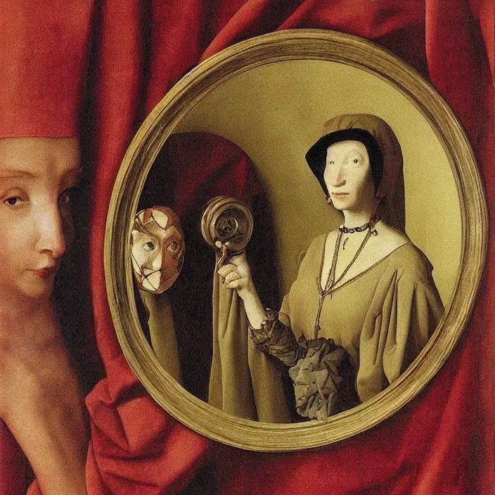 Prompt: strange mutant fungic woman holding a round mask mirror. painting by jan van eyck