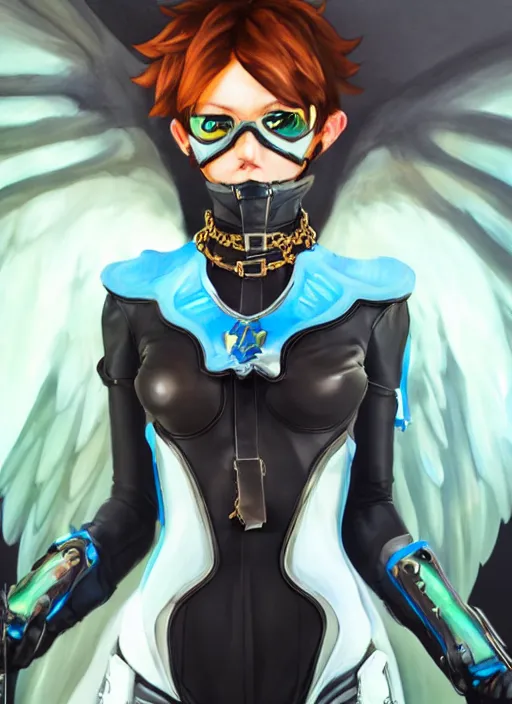 Prompt: full body oil painting of tracer overwatch, angel wings, dramatic painting, symmetrical composition, wearing detailed leather choker, black shiny armor, chains, detailed face and eyes,