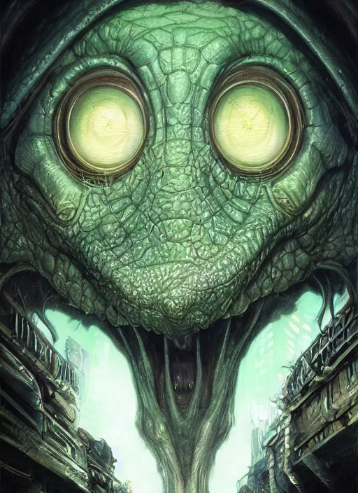 Image similar to cyberpunk hp lovecraft monster mf doom reptile eyes, dark metallic skin, highly detailed, centered, digital painting, artstation, concept art, smooth, sharp focus, illustration, artgerm, tomasz alen kopera, peter mohrbacher, donato giancola, joseph christian leyendecker, wlop, frank frazetta