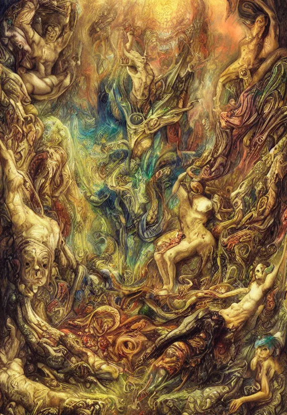 Image similar to colorful muscular eldritch bodies radiating town fractal, by h. r. giger and esao andrews and maria sibylla merian eugene delacroix, gustave dore, thomas moran, pop art, chiaroscuro, biopunk, art nouveau
