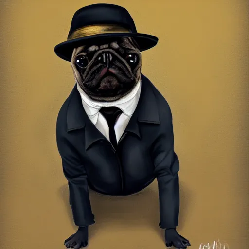 Prompt: a gentleman pug wearing a black jacket and a cap, art station