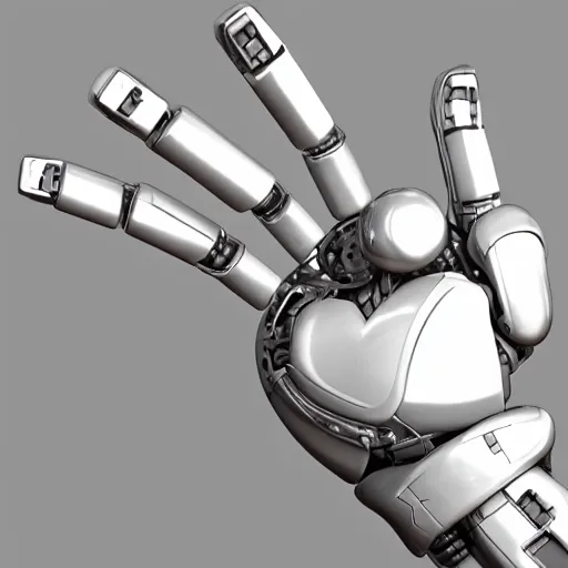 Prompt: robot's Heart-shaped fingers, two hang, a close up, white steel, white metal, extreme details, vertical symmetry, steel joint, Wires, Mechanisms, unreal engine 5