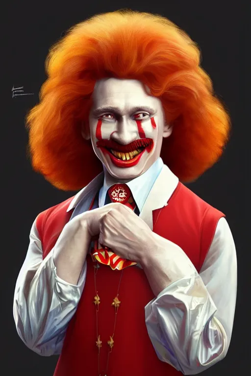 Image similar to vladimir putin as ronald mcdonald, 2 d portrait, symmetrical, highly detailed, digital painting, artstation, concept art, smooth, sharp focus, illustration, cinematic lighting, art by artgerm and greg rutkowski and alphonse mucha