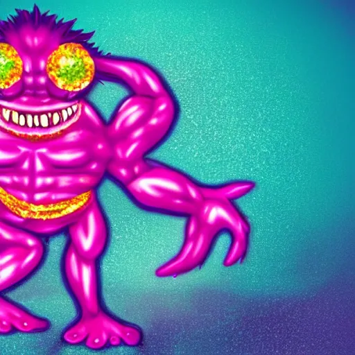 Image similar to glittery saturated pink muscular cyclops creature monster with sparkles photo 4k