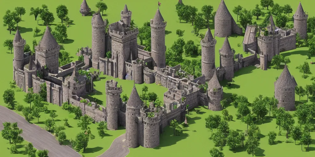 Image similar to medieval castle in a jungle with towers and moat, 3 d, isometric, polygon